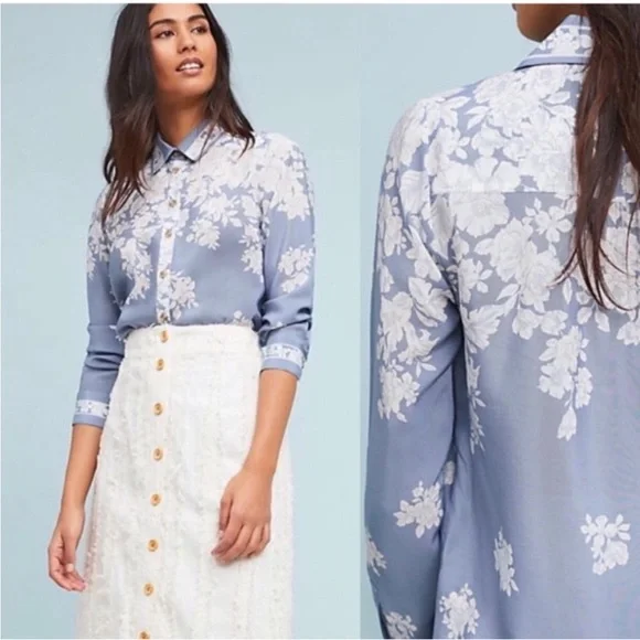 Anthropologie Maeve Blue White Rosalee 100% Silk Floral Blouse - Picture 10 of 11